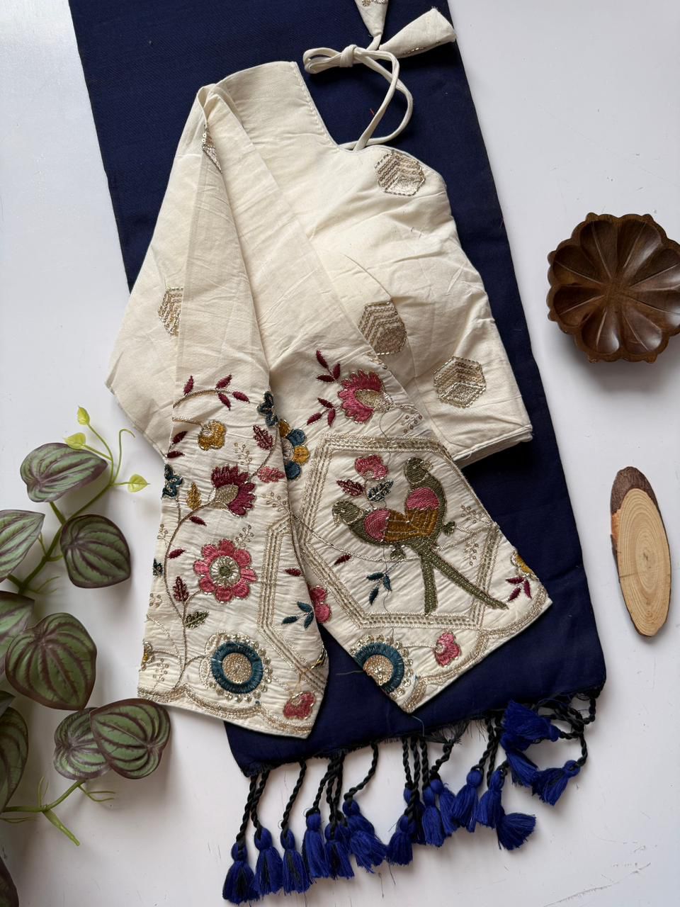 Dharma Exclusive - Navy Blue Handloom Cotton Saree With Havy Embroidery Stitched Blouse