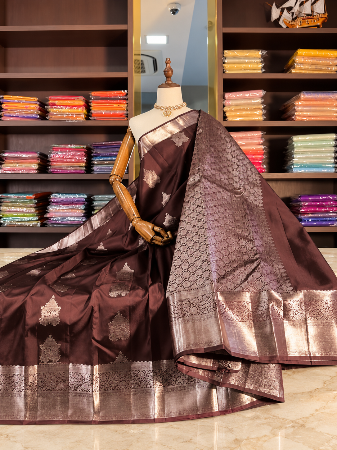 Very Beautiful Brown Soft Banarasi Silk Saree with Elegant Blouse Piece