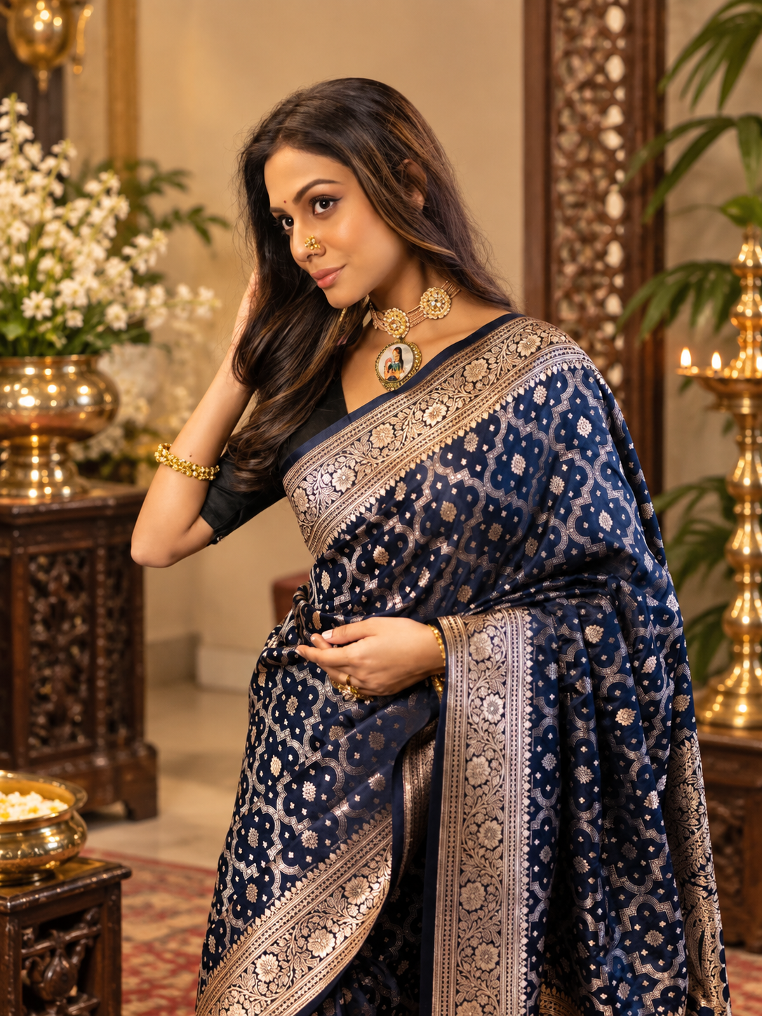 Festive Navy Blue Woven Soft Banarasi Silk Saree with Zari Border