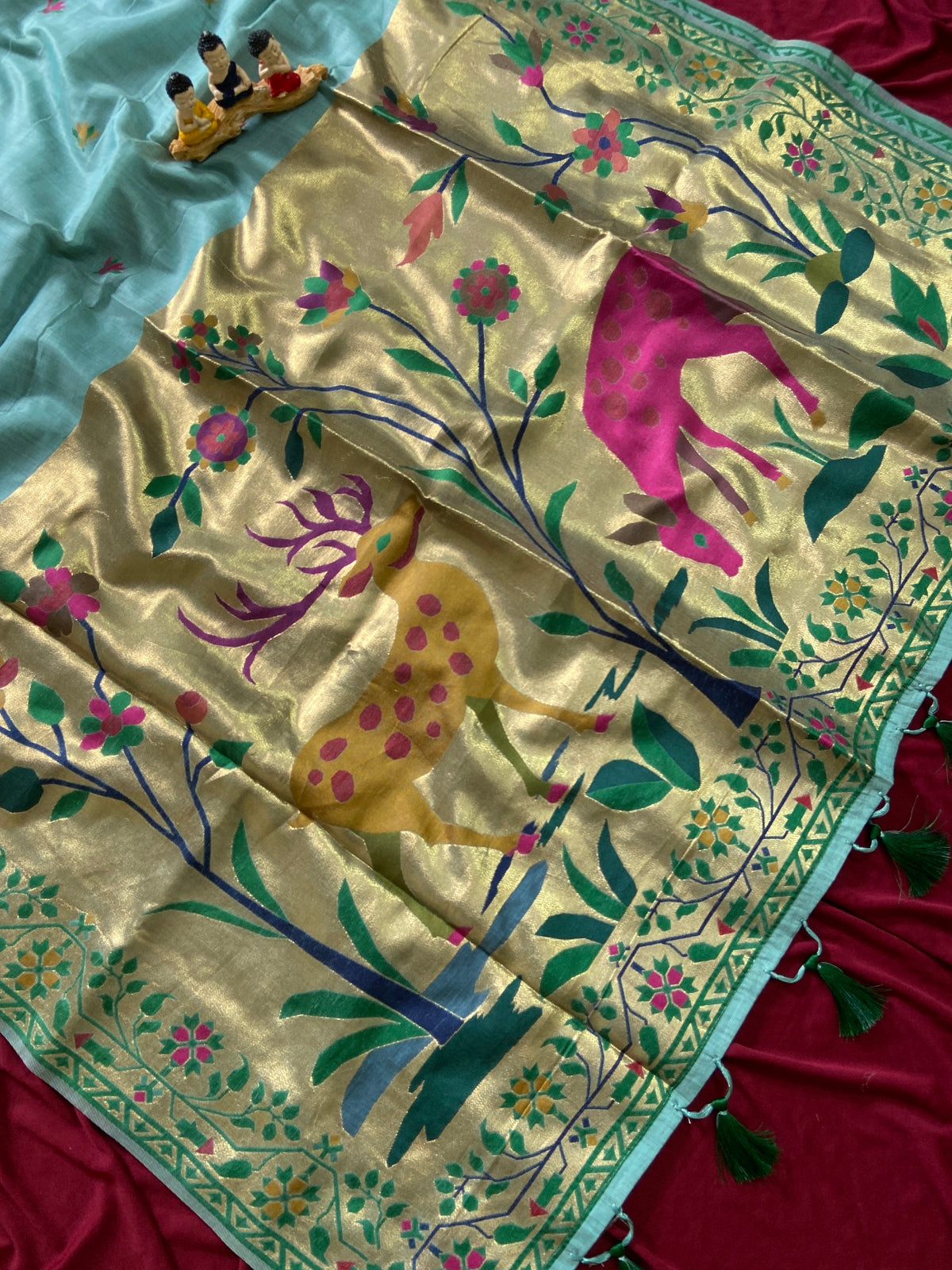 Premium Muga Cotton Paithani Saree with Woven Deer Motif