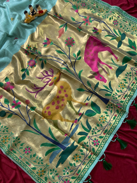 Premium Muga Cotton Paithani Saree with Woven Deer Motif
