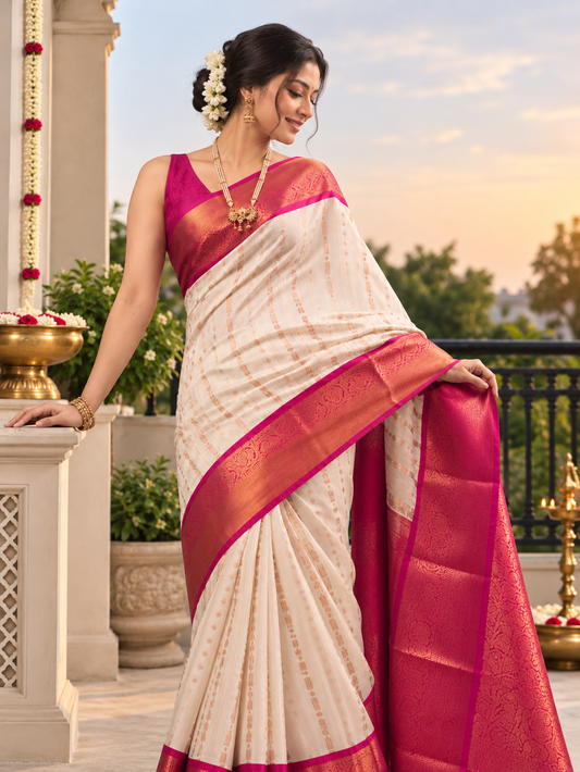 Elegant Cream Handwoven Soft Banarasi Silk Saree with Magenta Pink Pallu