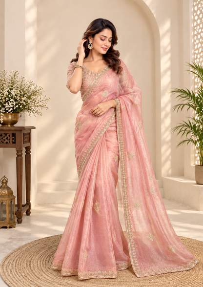 Elegant Onion Pink Pearl Work Salsa Silk Saree