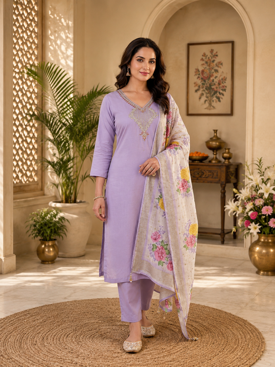 Elegant Lavender Premium Mul Chanderi Hand-Work Suit Set with Floral Dupatta