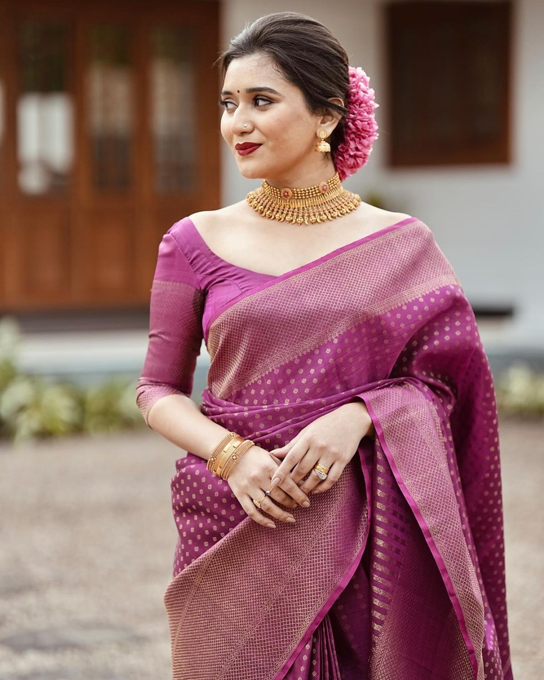 Purple Banarasi Classy Silk Saree With Copper Zari - Jacquard Blouse