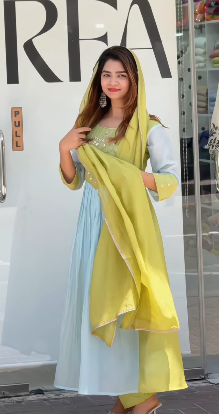 Designer Premium Lime Green & Pastel Blue Pure Mul Chanderi Embroidered Suit Set