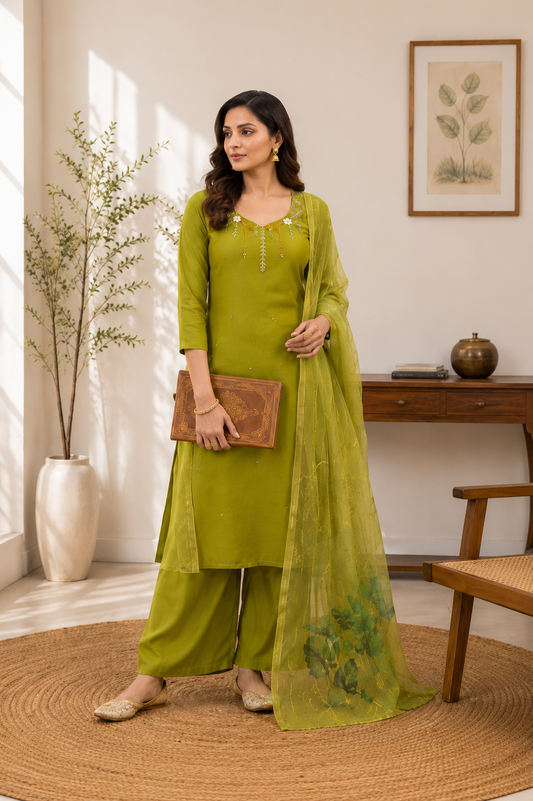 Premium Olive Green Mul Chanderi Suit Set With Beautiful Handwork