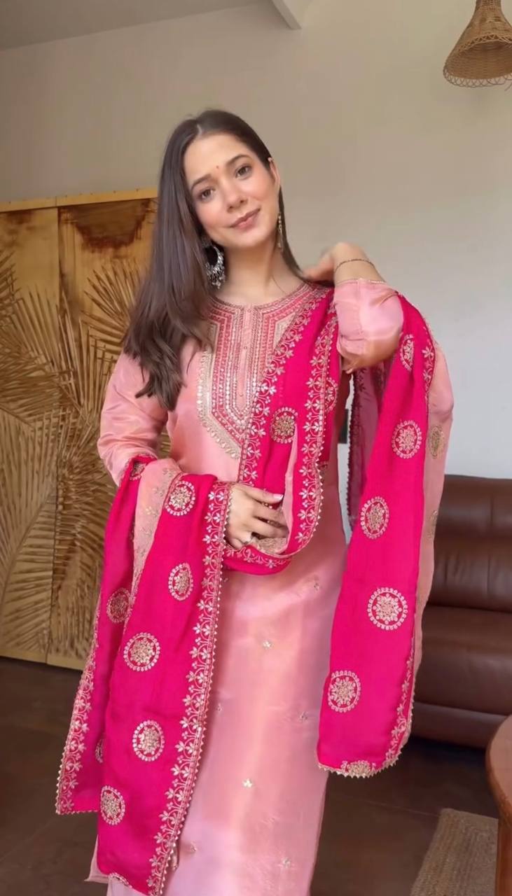 Very Gorgeous Fendy Silk Embroidery Sequence Suit Set
