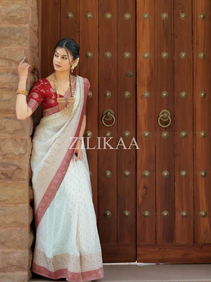 Admirable Off White Soft Silk Saree With Gossamer Blouse Piece