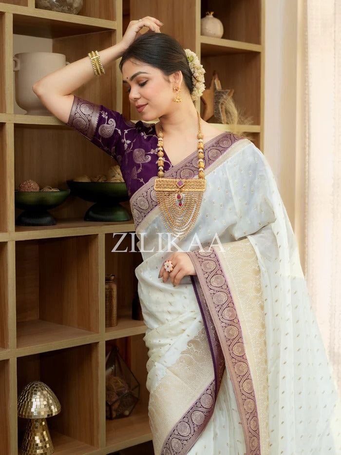 Girlish Beige Soft Silk Saree With Outstanding Blouse Piece