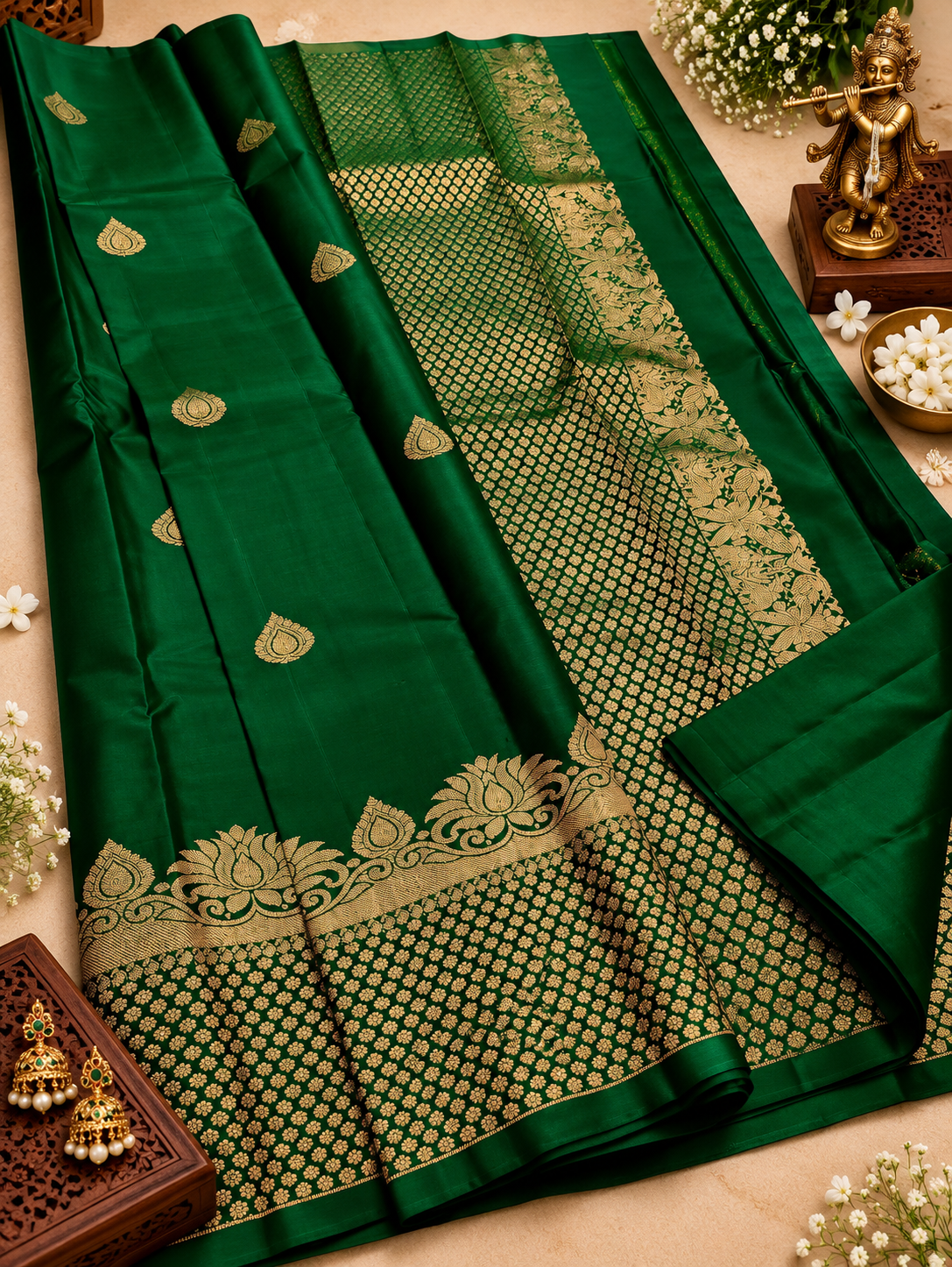 Emerald Green Soft Banarasi Silk Saree with Attractive Blose Piece
