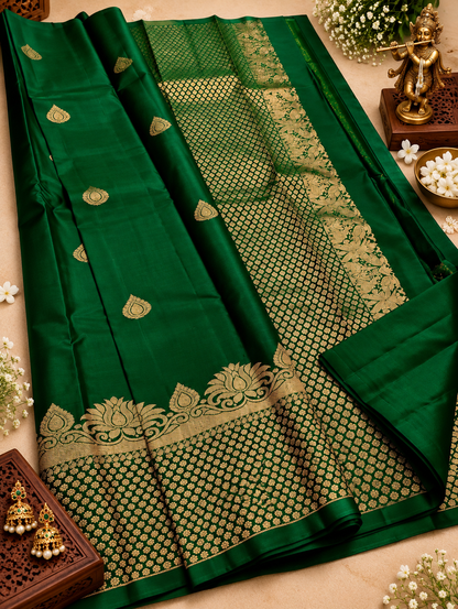 Emerald Green Soft Banarasi Silk Saree with Attractive Blose Piece