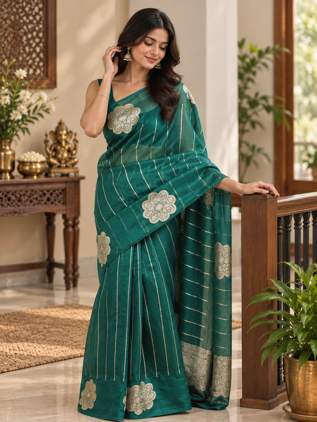 Festive Green Linen Silk Saree With Gold Zari & Demanding Blouse Piece