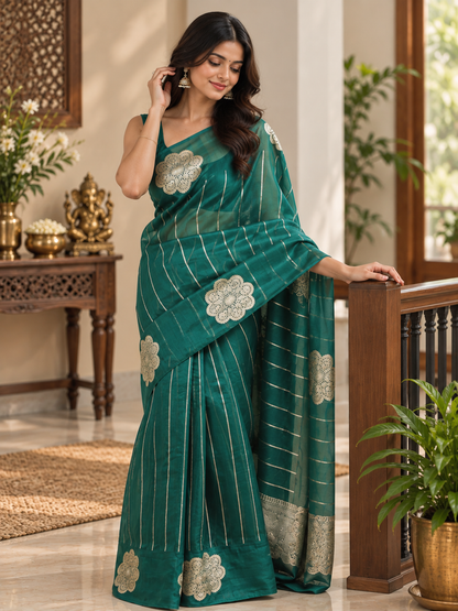 Festive Green Linen Silk Saree With Gold Zari & Demanding Blouse Piece