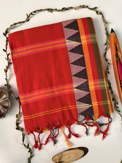 Red Handloom Narayanpet Pure Cotton Saree With Blouse