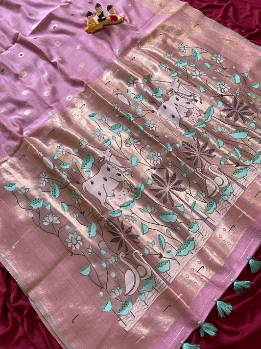Traditional Dusty Pink 3D Woven Soft Muga Cotton Paithani Saree