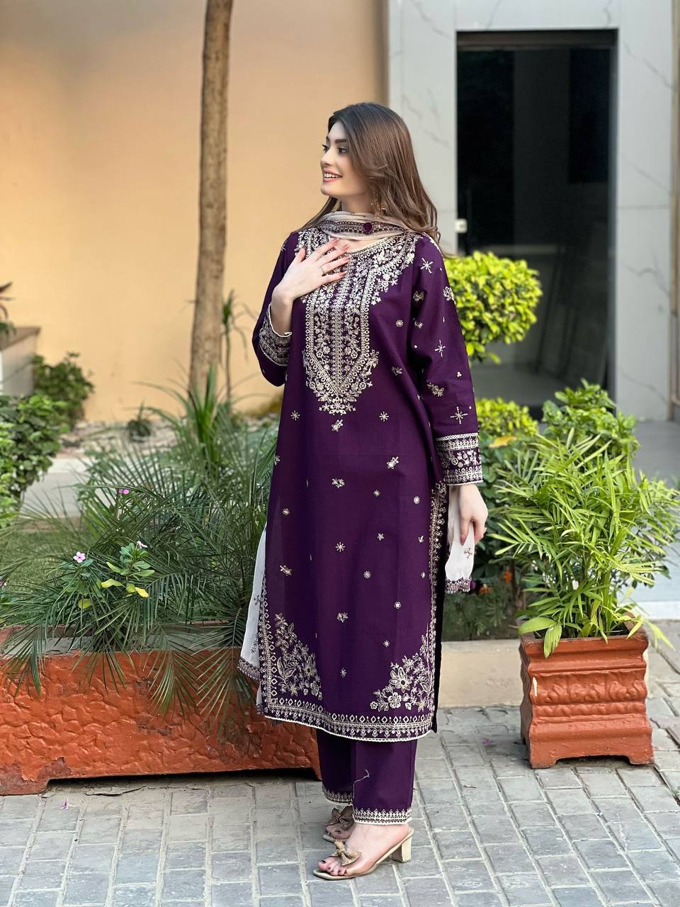 Elegant Royal Purple Faux Georgette Sequence Embroidery Salwar Suit Set