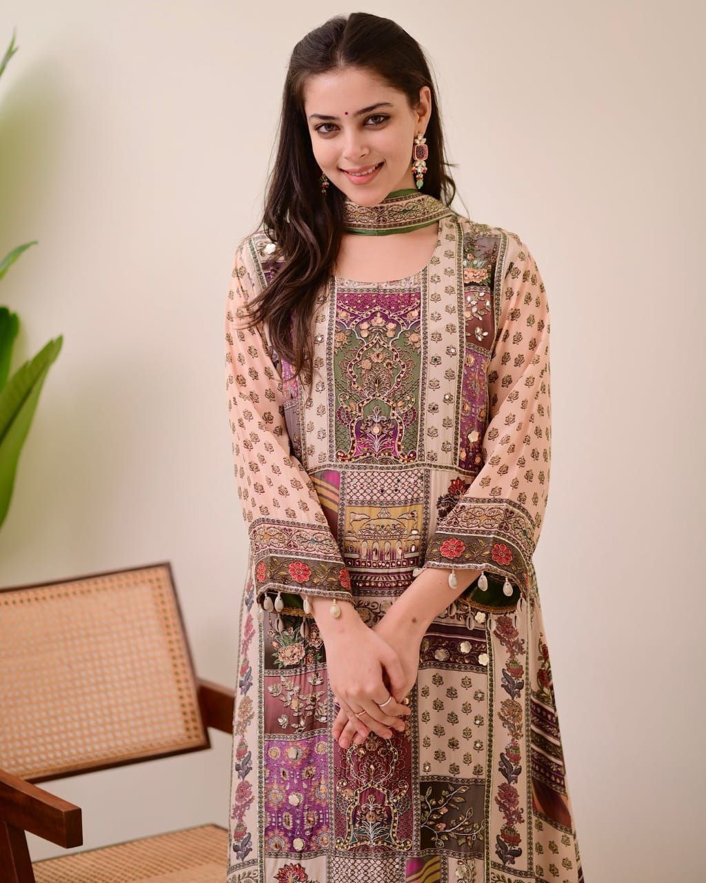 Festive Olive Green Patchwork Printed Chinon Suit Set with Fancy Mirror Work