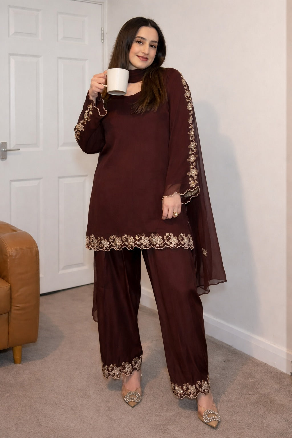 Stylish Brown Faux Georgette Embroidered Suit Set with Dupatta