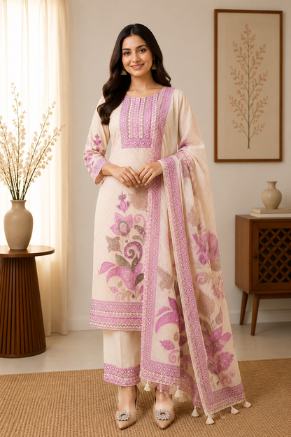 Very Attractive Pure Soft Raspberry Silk Suit Set with Floral Prints and Tassels