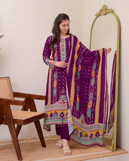 Premium Violet Printed Chinon Suit Set with Fancy Mirror Work