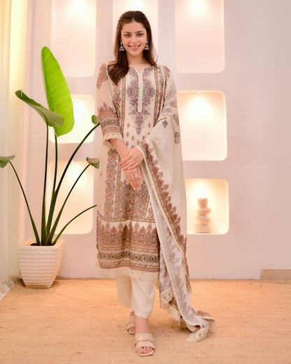 Elegant Cream Heavy Muslin Digital Printed Suit Set with Delicate Lace Work