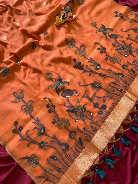 Kiara - Rust Orange Resham Woven Soft Muga Cotton Saree