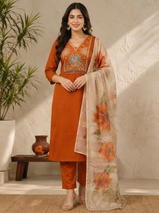 Elegant Rust Premium Roman Silk Embroidered Suit Set with Floral Dupatta