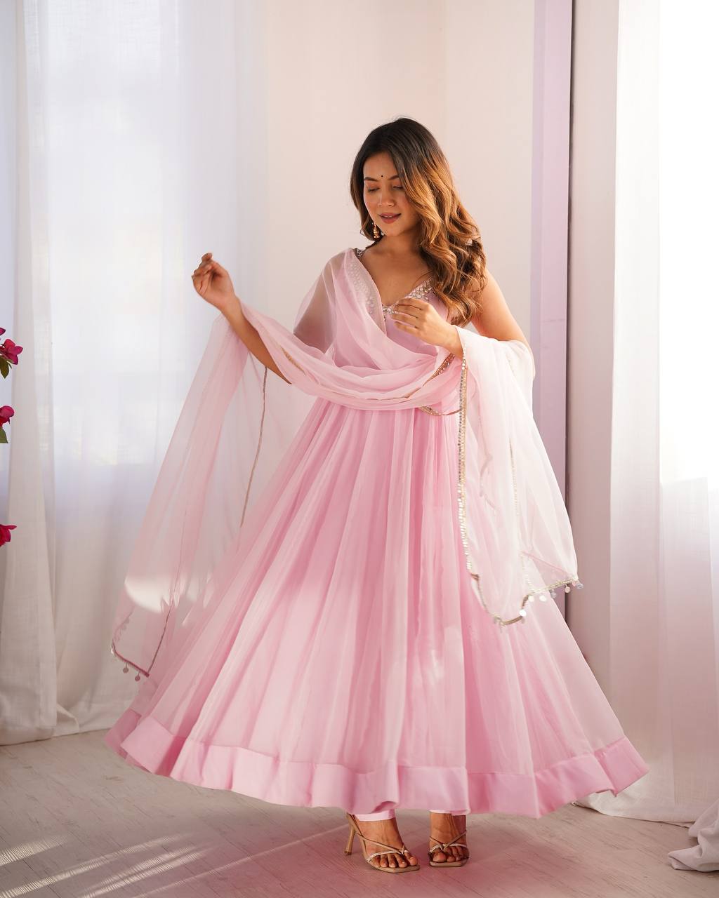 Blush Pink Faux Georgette Embroidered Anarkali Suit Set with Mirror Work Neckline
