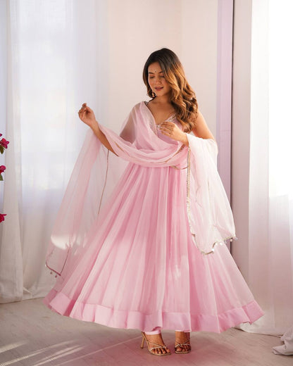Blush Pink Faux Georgette Embroidered Anarkali Suit Set with Mirror Work Neckline