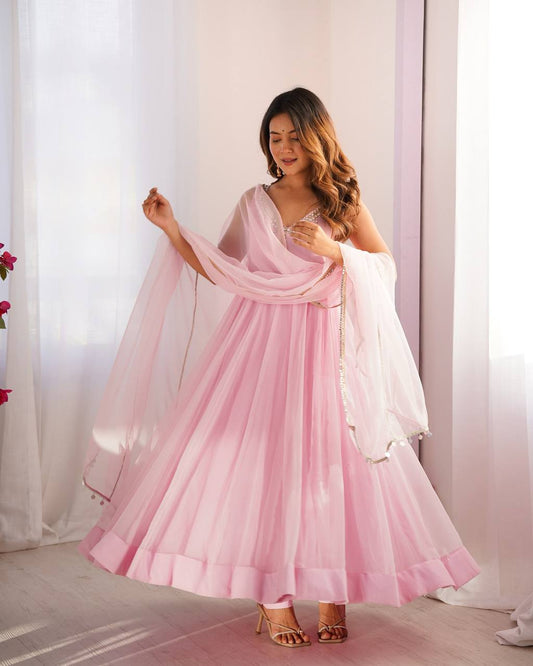 Blush Pink Faux Georgette Embroidered Anarkali Suit Set with Mirror Work Neckline
