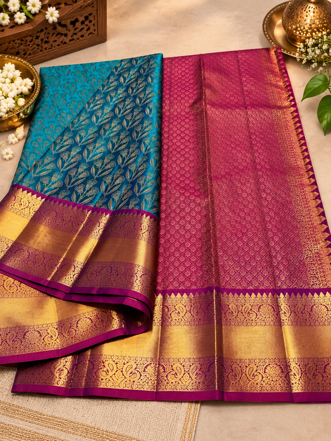 Attractive Rama Woven Soft Banarasi Silk Saree with Gold Zari Floral Jaal