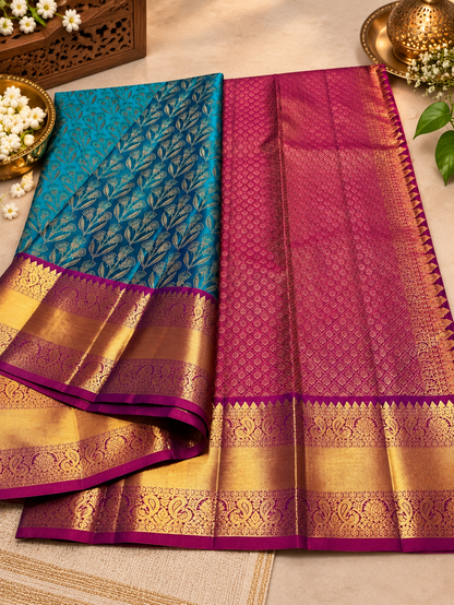 Attractive Rama Woven Soft Banarasi Silk Saree with Gold Zari Floral Jaal