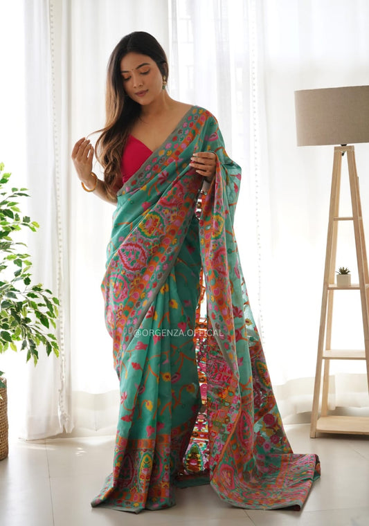 Women's Designer Pure Soft Kashmiri Pasmina Kachi Work Saree