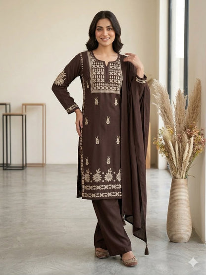Very Attractive Brown Premium Rayon Embroidery Suit Set Set