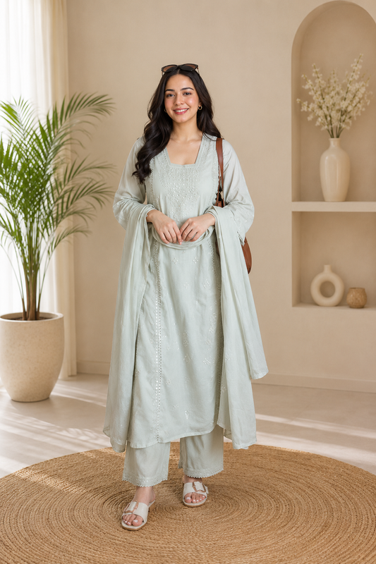 Catchy Light Sage Roman Silk Embroidered Suit Set