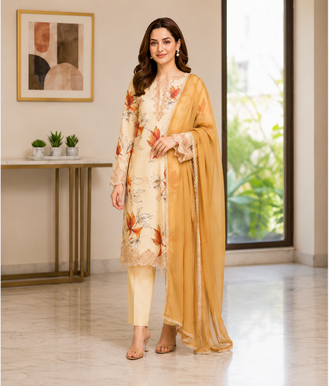 Very Beautiful Cream Muslin Silk Floral Print Suit Set