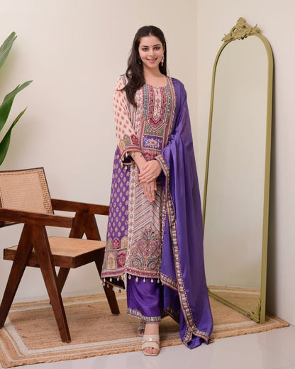 Attractive Violet Patchwork Printed Chinon Suit Set with Fancy Mirror Work