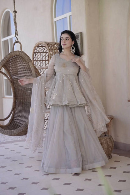 Very Attractive Grey Tabby Silk Sharara Suit with Foil Work