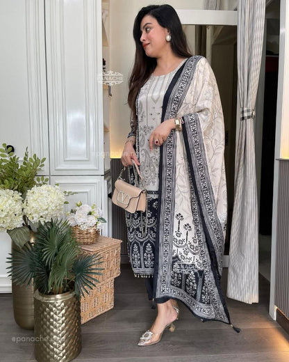 Premium Black and White Chinon Silk Salwar Suit with Premium Diamond Hand Work