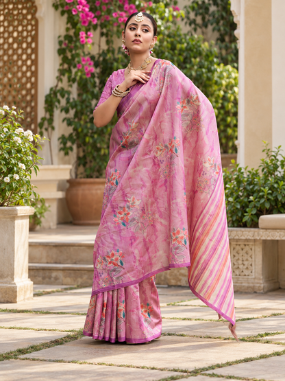 Ira Pink – Premium Printed Soft Tussar Silk Saree