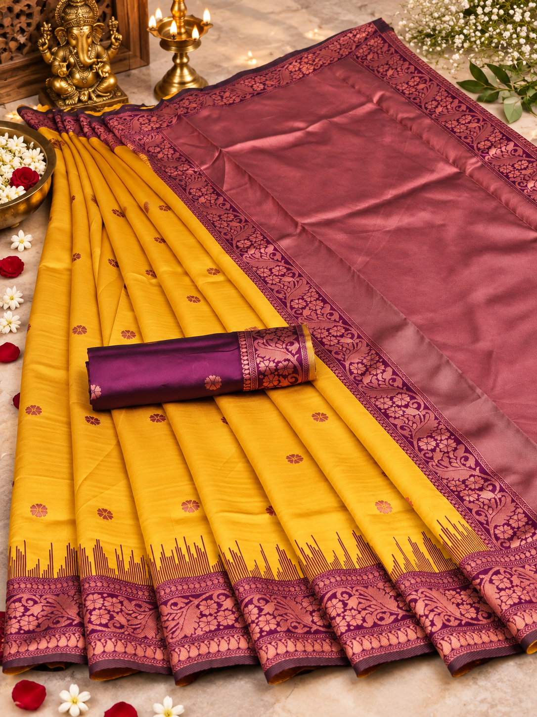 Mustard Yellow Woven Soft Banarasi Silk Saree with Purple Zari Border