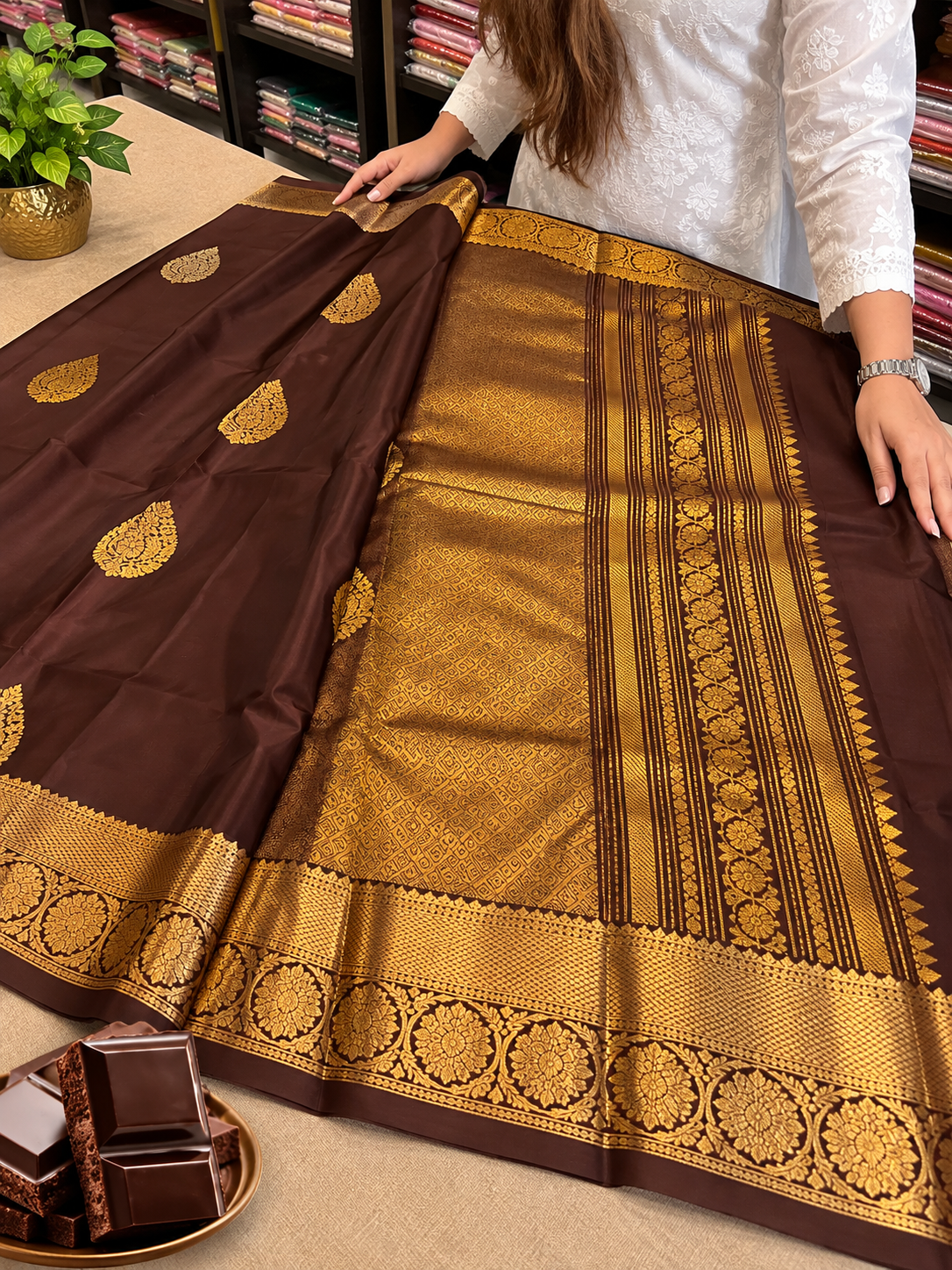 Luxurious Chocolate Brown Soft Silk Saree with Rich Gold Zari Weaving