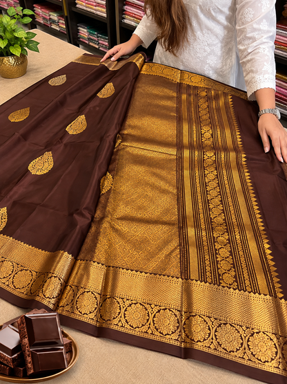 Luxurious Chocolate Brown Soft Silk Saree with Rich Gold Zari Weaving