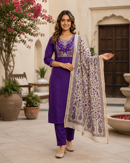 Premium Roman Silk Embroidered Suit Set with Kalamkari Dupatta
