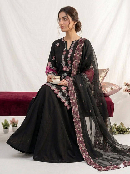 New Designer Black Crape Silk Embroidered Sharara Suit Set with Organza Dupatta