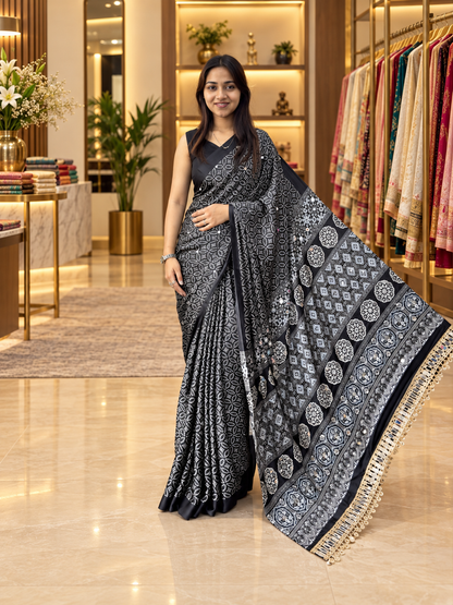 Elegant Black Gajji Silk Saree with Traditional Mirror Work Border