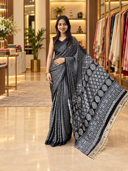Elegant Black Gajji Silk Saree with Traditional Mirror Work Border