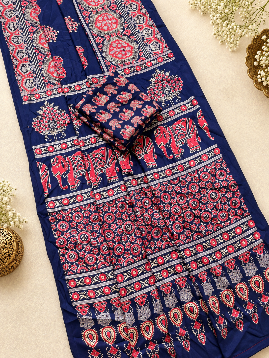 Beautiful Navy Blue Gajji Silk Saree with Traditional Ajrakh Print