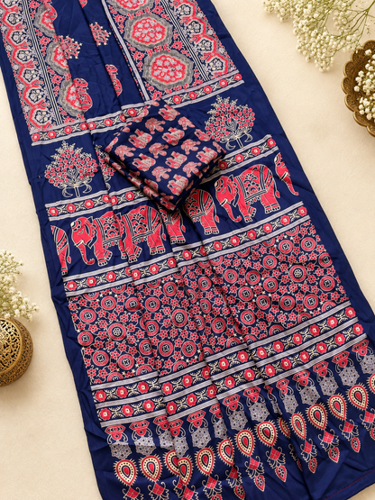 Beautiful Navy Blue Gajji Silk Saree with Traditional Ajrakh Print